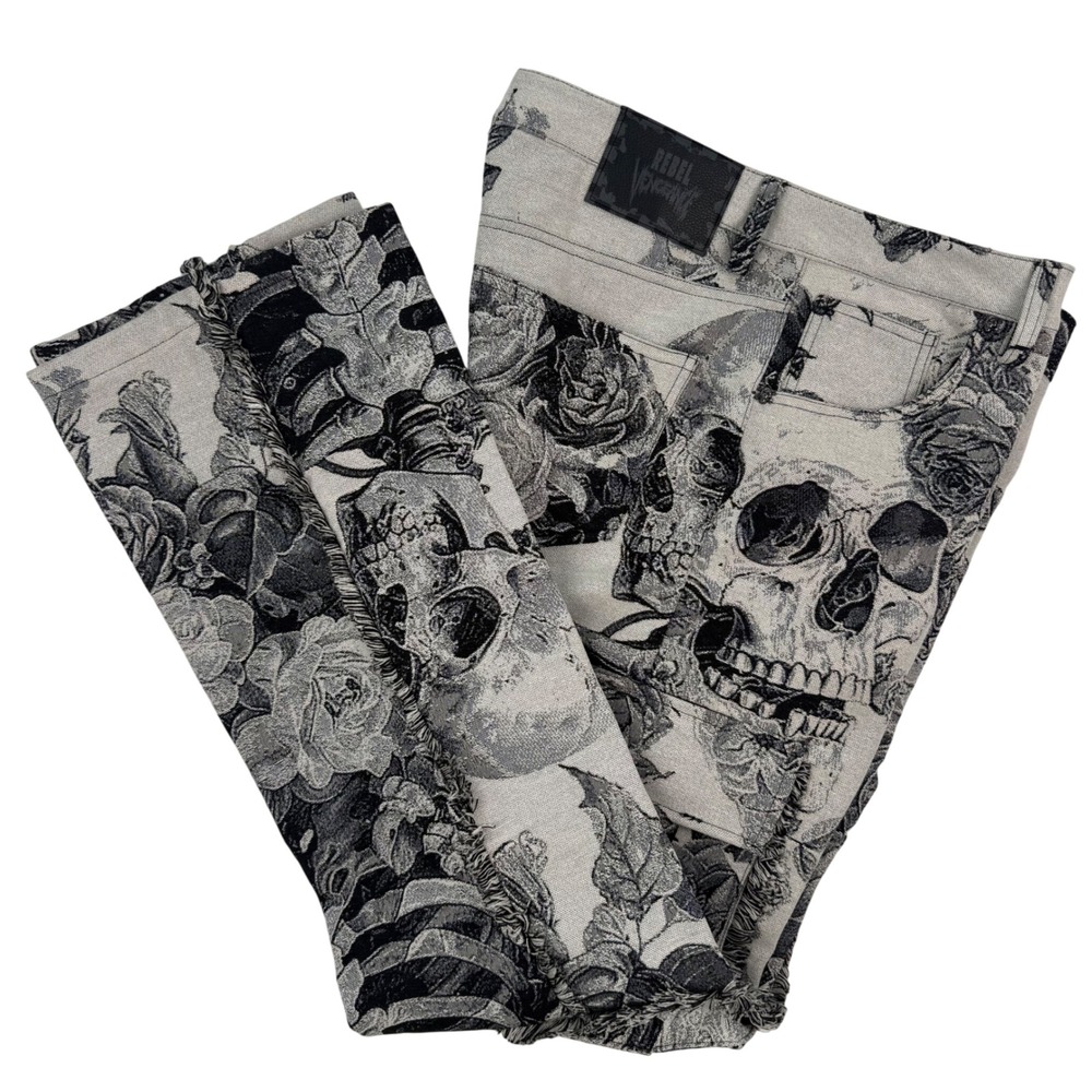 Rebel Vengeance Men Skull Rose Tapestry Stacked Fit Cargo Pants Grey Black 34x32